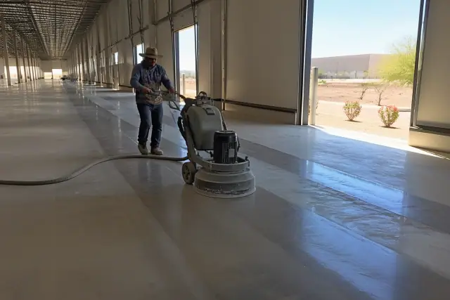 A heavy-duty grinder polishing the concrete floor inside a Phoenix, AZ industrial warehouse.