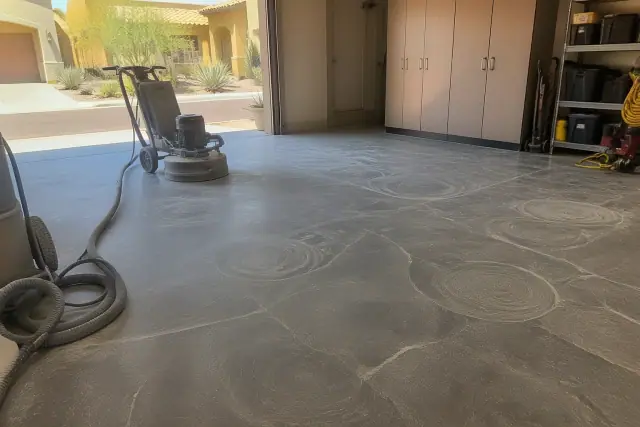 Polished concrete floor with grinding patterns and equipment in a residential garage in Peoria, AZ.
