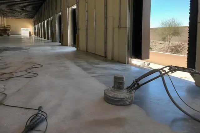 Unfinished concrete flooring with grinding tools during a warehouse project in Glendale, AZ.