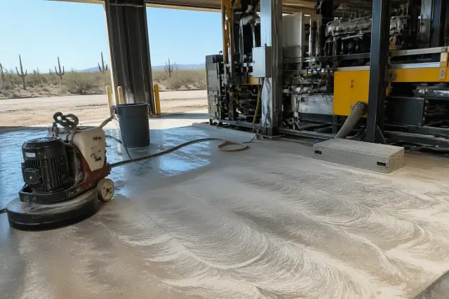 Industrial concrete floor with polishing equipment and machinery inside a warehouse in Phoenix, AZ.