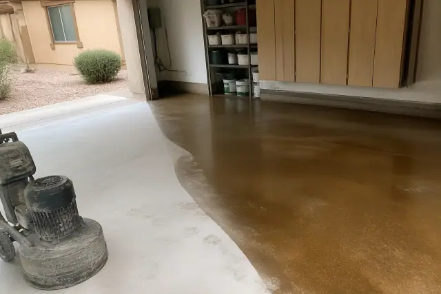 Concrete polishing and floor coating progress in a residential garage in Phoenix, AZ.