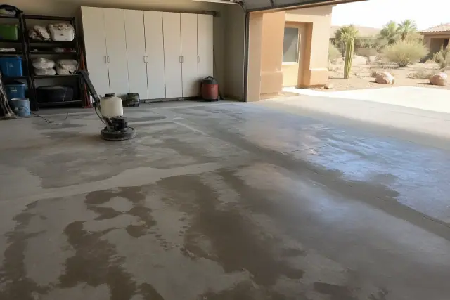 Concrete floor undergoing polishing and staining inside a residential garage in Phoenix, AZ.