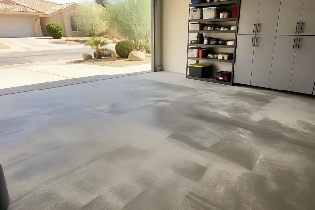Concrete grinding progress on a residential garage floor in Phoenix, AZ, with visible dust and construction equipment.