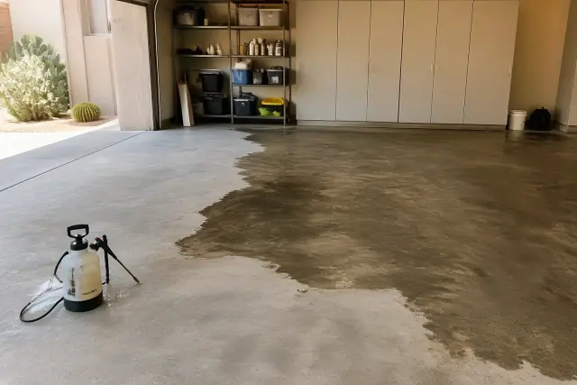 Concrete staining in progress on a residential garage floor in Phoenix, AZ, with a handheld sprayer nearby.