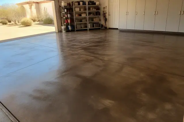 Stained concrete floor in a residential garage in Phoenix, AZ, with an open door showing desert landscaping.