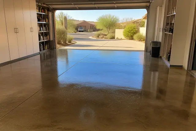 Finished concrete floor with stain and sealant in a residential garage in Phoenix, AZ.