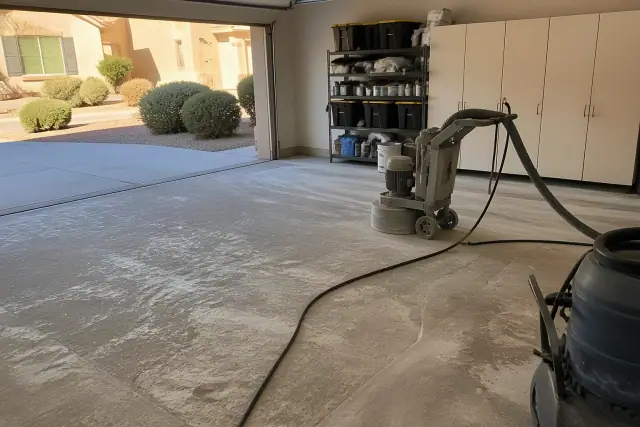 Mechanical floor grinders preparing a concrete garage floor for staining and sealing in Mesa, AZ.