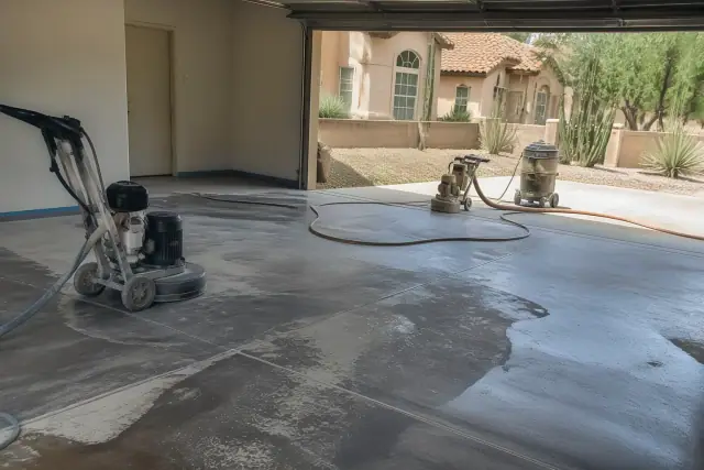 Concrete staining and grind and seal work in a residential garage in Gilbert, AZ.