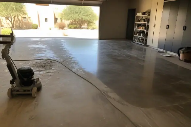 Concrete floor mid-grind and stain process in a residential garage in Tempe, AZ.