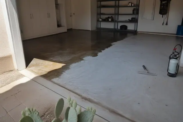 Stained and ground garage floor with equipment and desert landscaping visible in Scottsdale, AZ.