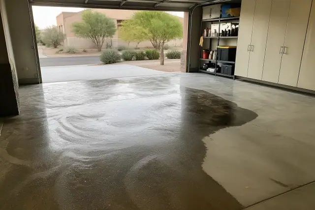 Concrete floor grinding and staining in a residential garage in Queen Creek, AZ.