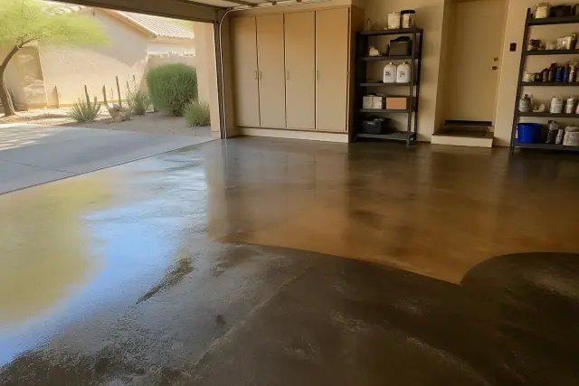 Concrete floor with staining and grind and seal finish in a residential garage in Peoria, AZ.