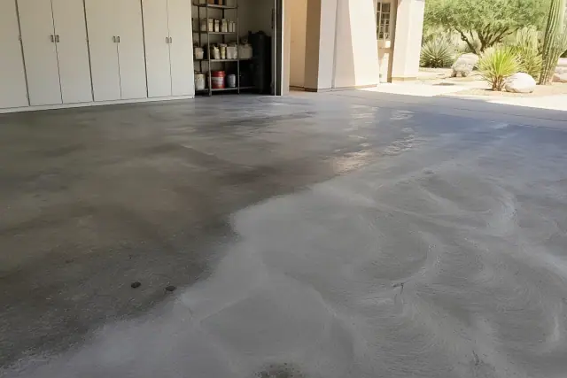 Concrete floor grinding and staining in a residential garage with desert views in Phoenix, AZ.