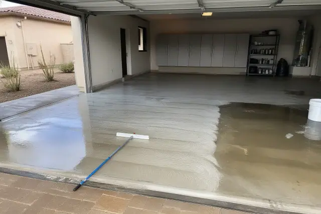 Concrete staining and sealant application on a garage floor at a residential worksite in Chandler, AZ.