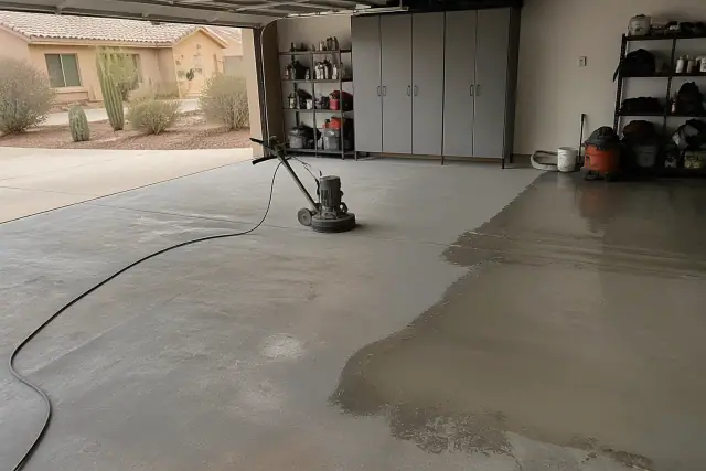 Concrete floor grinding and staining in progress at a residential garage in Glendale, AZ.