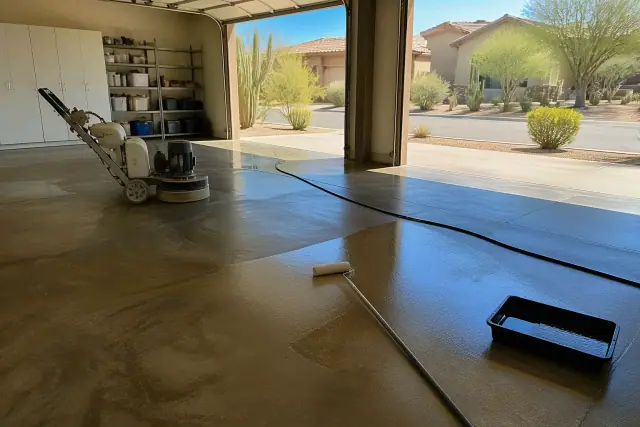 Concrete floor staining and polishing in progress inside a residential garage in Goodyear, AZ.