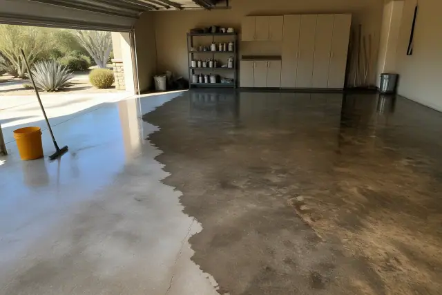 Concrete staining and grind and seal work on a garage floor in Paradise Valley, AZ.