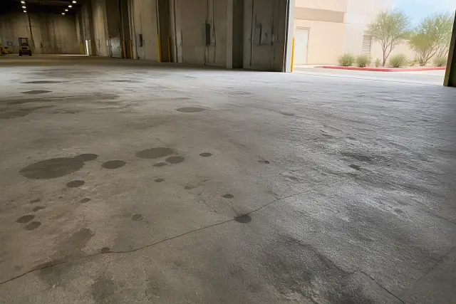 Cracked, oil-stained concrete floor inside a warehouse awaiting surface preparation in Phoenix, AZ.