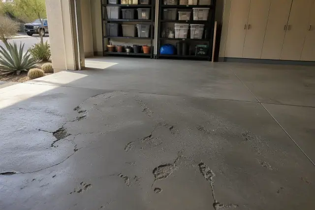 Cracked, pitted concrete floor inside a residential garage in Phoenix, AZ.