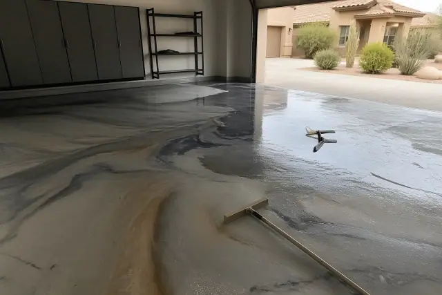 Metallic epoxy flooring installation in progress inside a residential garage in Phoenix, AZ.