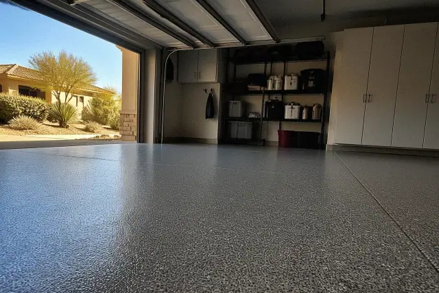 Decorative epoxy flooring in a residential garage in Phoenix, AZ.