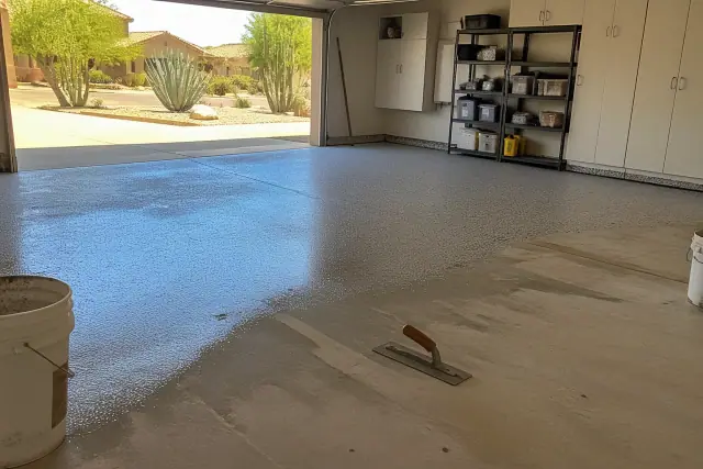 Resin application on a residential garage floor at a worksite in Phoenix, AZ, with storage cabinets and tools visible.