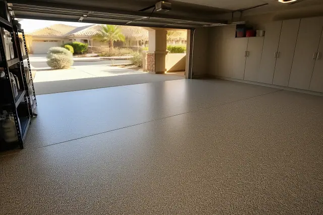 Completed decorative flake polyaspartic garage floor in a Phoenix, AZ residential home.