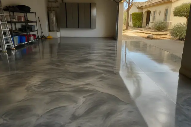 Decorative metallic epoxy flooring with a marbled finish in a residential garage in Phoenix, AZ.
