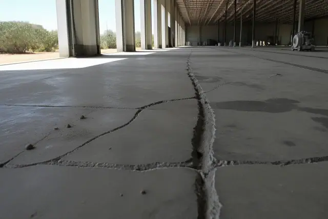 Cleaned-out concrete floor cracks ready for repair in a Phoenix, AZ warehouse with sunlight through open loading bays.