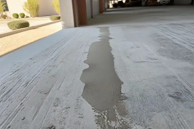 Close-up of a concrete crack repair on a warehouse floor in Phoenix, AZ, with an exterior building view.