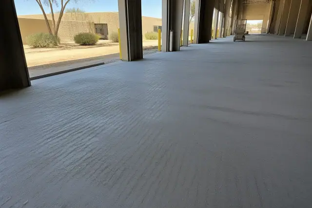 Diamond-ground concrete floor inside a logistics building in Phoenix, AZ, with sunny desert views through open bay doors.