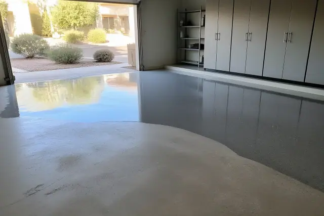 Fresh epoxy coating being applied to a residential garage floor in Phoenix, AZ.