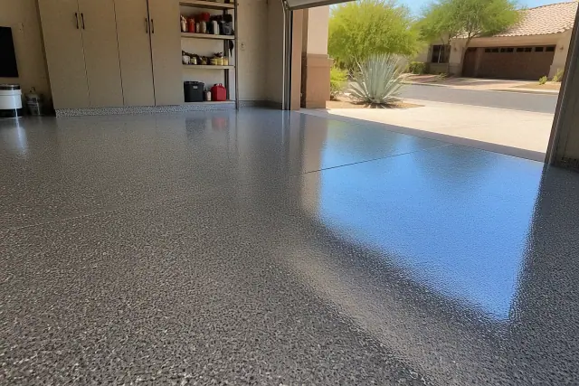 Epoxy flake flooring with a wet-look sheen in a residential garage in Peoria, AZ.