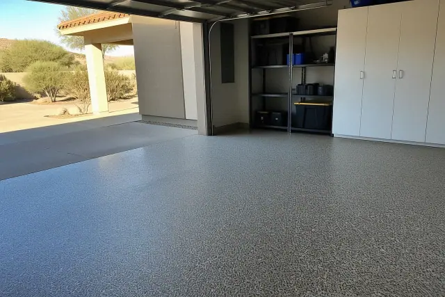 Epoxy flake flooring installed in a residential garage in Phoenix, AZ, with desert landscape visible through the doorway.
