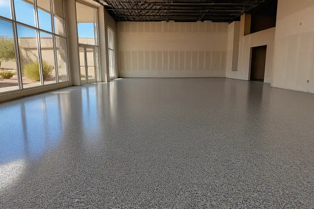 Epoxy flake flooring installed in an empty retail space under bright sunlight in Phoenix, AZ.