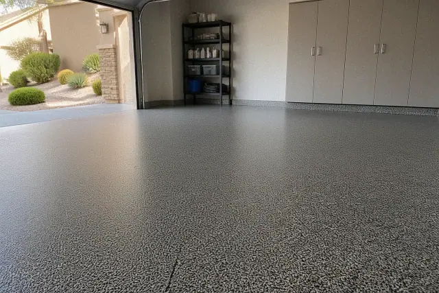 Epoxy flake flooring inside a residential garage in Goodyear, AZ with storage cabinets and desert landscaping visible.