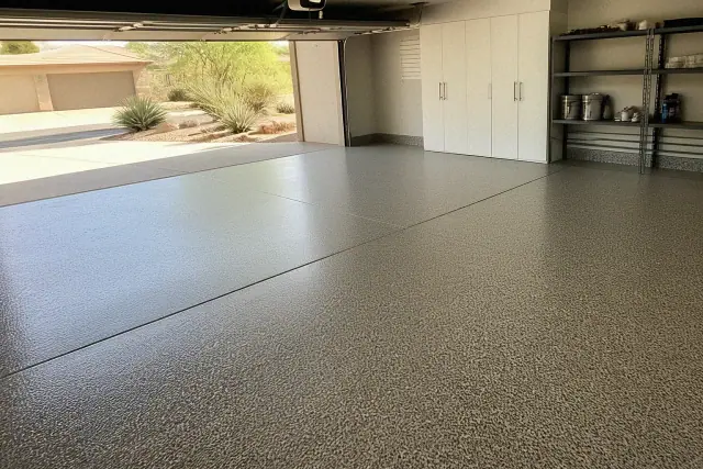 Epoxy flake flooring installed in a residential garage with storage cabinets in Mesa, AZ.
