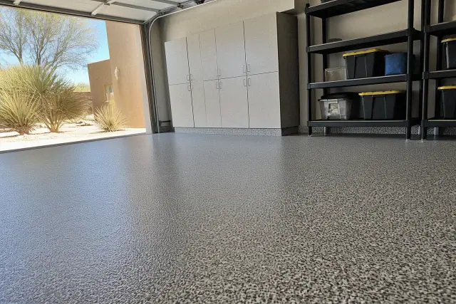 Epoxy flake flooring installed in a residential garage in Phoenix, AZ.