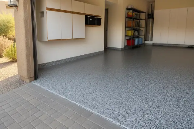 Finished epoxy flake garage flooring in a residential home in Phoenix, AZ.