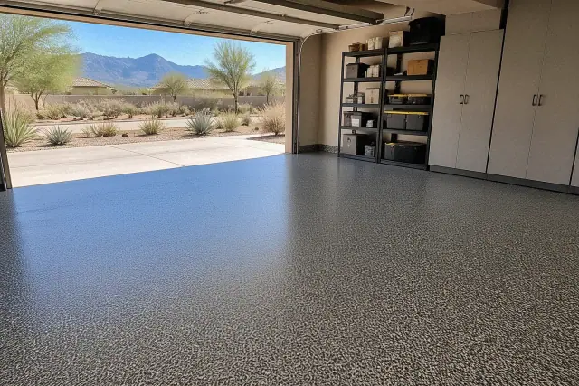 Epoxy flake flooring in a residential garage in Gilbert, AZ with desert mountain views in the background.