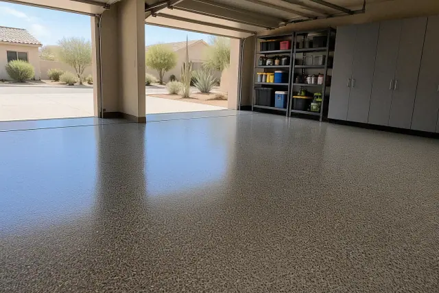 Epoxy flake flooring installed in a residential garage in Glendale, AZ.
