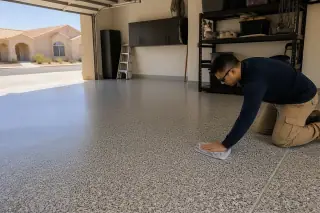 Technician wiping the corner of a new epoxy flake floor in a Phoenix, AZ garage with desert sunlight at the door.