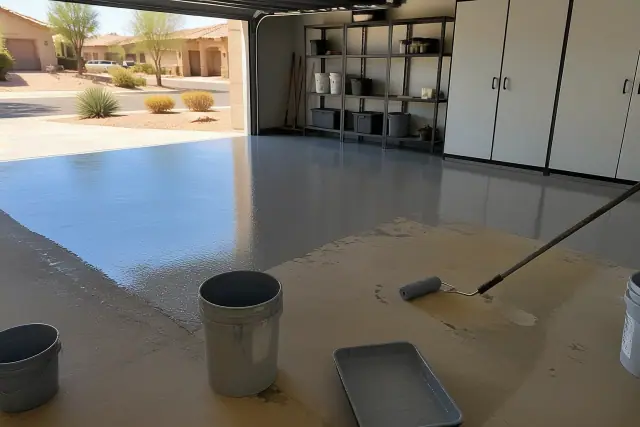 Epoxy flooring installation in progress inside a residential garage in Phoenix, AZ.