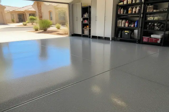 High-sheen UV-resistant topcoat applied to a residential garage floor in Phoenix, AZ.