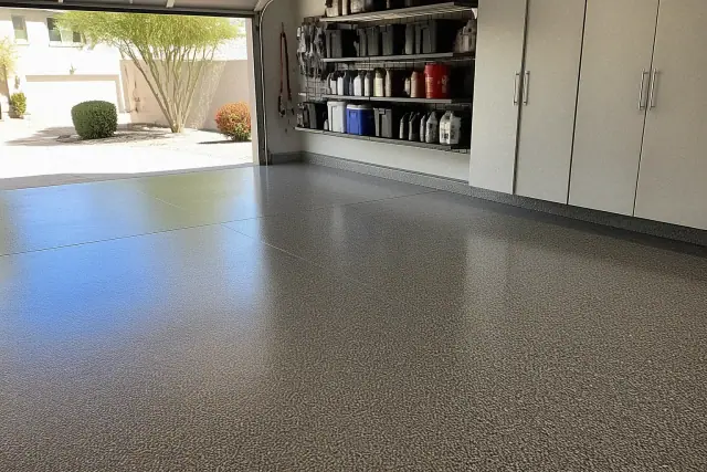 Garage interior with flake, polyaspartic, and metallic floor finishes in Phoenix, AZ.