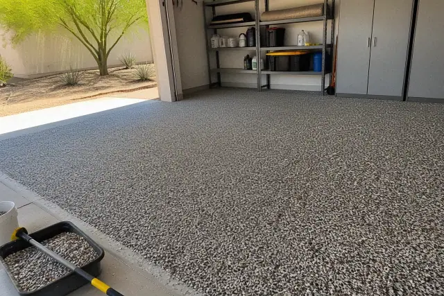 Full-broadcast flakes covering a garage floor before the clear topcoat in Phoenix, AZ.