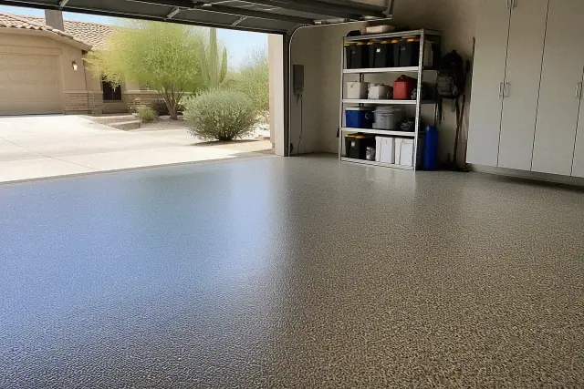 Full-broadcast Granitex epoxy floor in a residential garage in Phoenix, AZ, showing multi-colored flake texture.
