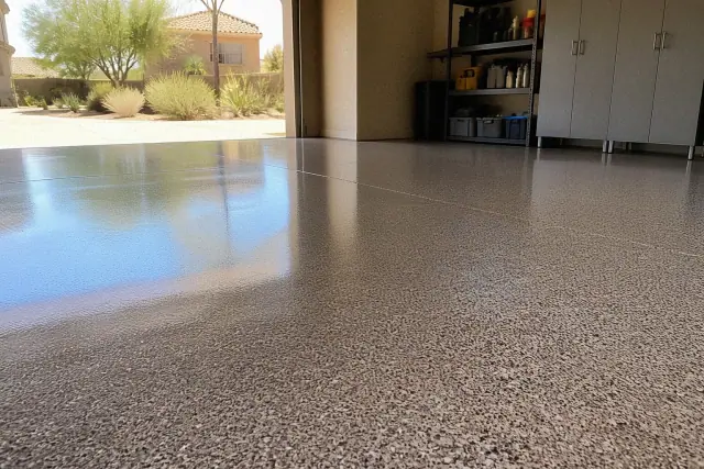 High-gloss epoxy garage flooring with grey flakes and visible exterior desert landscaping in Phoenix, AZ.