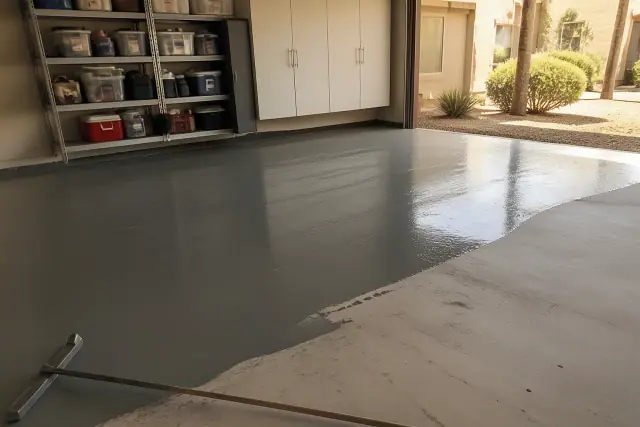 Epoxy floor coating being applied to a residential garage floor in Gilbert, AZ.