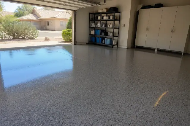Completed epoxy floor coating with a high-gloss speckled finish in a residential garage in Tempe, AZ.